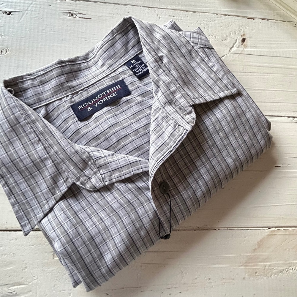 Roundtree & Yorke Mens Grey Plaid Modal Blend Short Sleeve Button Down Shirt M